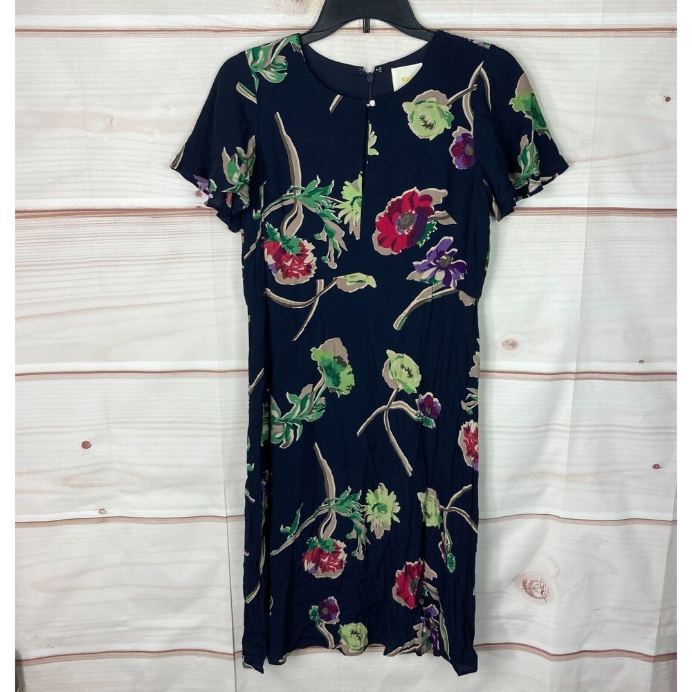 Maeve Dress Womens US 2 Blue Floral A-Line Midi Keyhole Neck Short Sleeve Woven